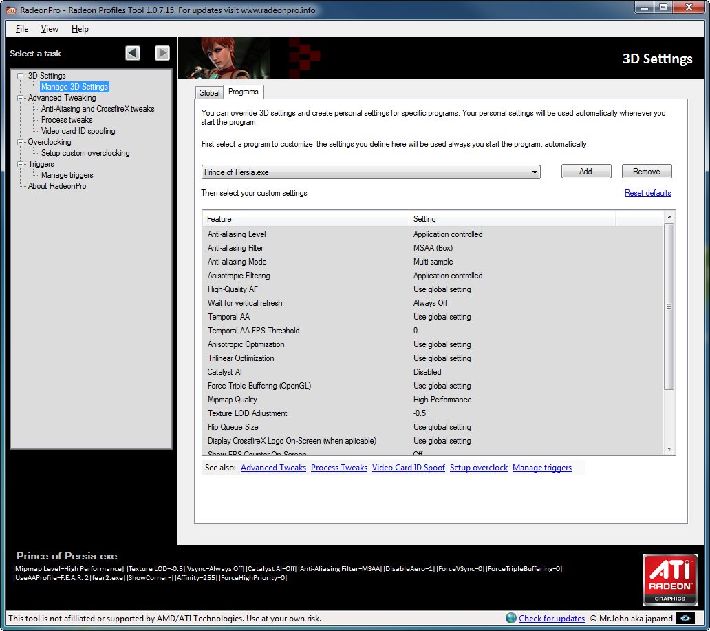 Media asset in full size related to 3dfxzone.it news item entitled as follows: RadeonPro 1.0.9.3 RC1 crea profili di configurazione per i Catalyst | Image Name: news13899_1.jpg