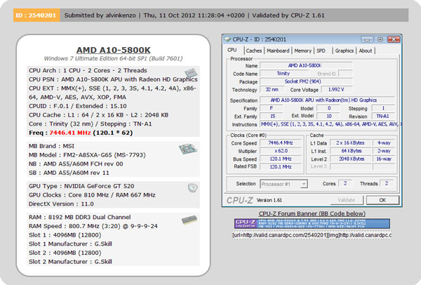 Media asset in full size related to 3dfxzone.it news item entitled as follows: MSI spinge la APU Trinity A10-5800K di AMD fino a 7.446GHz | Image Name: news18254_2.jpg