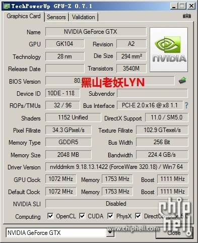 Immagine pubblicata in relazione al seguente contenuto: Lo screenshot di GPU-Z con le specifiche della GeForce GTX 760 | Nome immagine: news19732_GeForce-GTX-760-GPU-Z_1.jpg