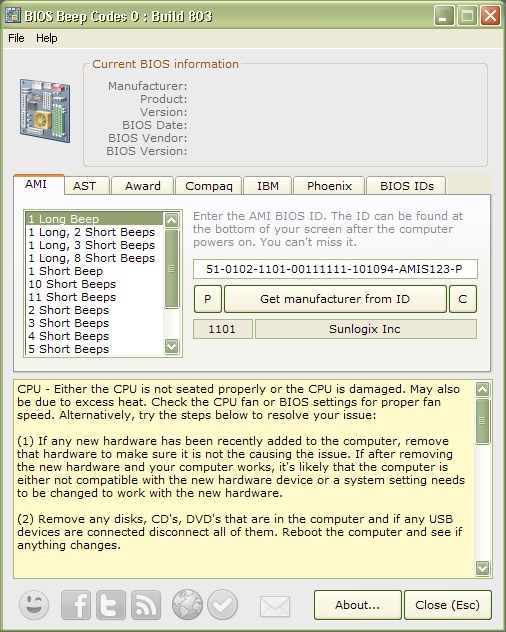 Media asset in full size related to 3dfxzone.it news item entitled as follows: Free Hardware Diagnostic Tools: BIOS Beep Codes 0.8.0.803 | Image Name: news20386_BIOS-Beep-Codes-screenshot_1.jpg