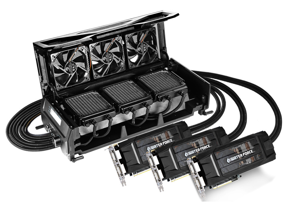 Immagine pubblicata in relazione al seguente contenuto: Gigabyte annuncia il sistema GeForce GTX 980 WaterForce Tri-SLI | Nome immagine: news21843_Gigabyte-GeForce-GTX-980-WaterForce-Tri-SLI_1.jpg