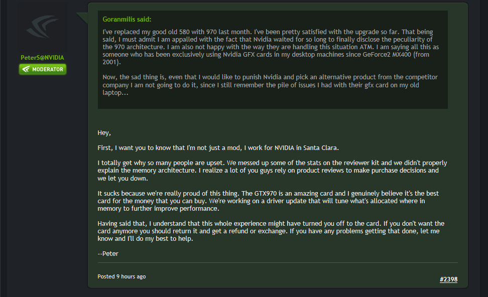Immagine pubblicata in relazione al seguente contenuto: NVIDIA preannuncia un driver update per le GeForce GTX 970 | Nome immagine: news22160_NVIDIA-forum_post_1.png
