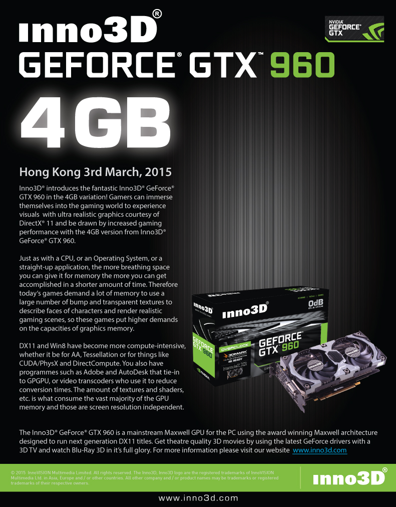 Immagine pubblicata in relazione al seguente contenuto: Inno3D annuncia una GeForce GTX 960 con frame buffer di 4GB | Nome immagine: news22283_Inno3D-GeForce-GTX-960-4GB_1.jpg