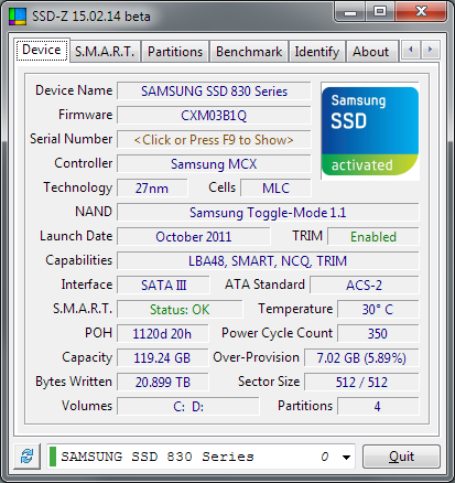 Immagine pubblicata in relazione al seguente contenuto: SSD Monitoring, Information & Benchmark: SSD-Z 15.03.15 beta | Nome immagine: news22385_SSD-Z-screenshot_1.png