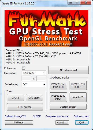 Immagine pubblicata in relazione al seguente contenuto: GPU & Video Card Testing Tools: FurMark OpenGL Benchmark 1.16.0 | Nome immagine: news22876_furmark_main_user_interface_1.jpg