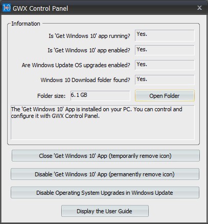 Immagine pubblicata in relazione al seguente contenuto: GWX Control Panel 1.3.0.0 disattiva l'app Get Windows 10 di Microsoft | Nome immagine: news23119_GWX-Control-Panel-Screenshot_1.jpg