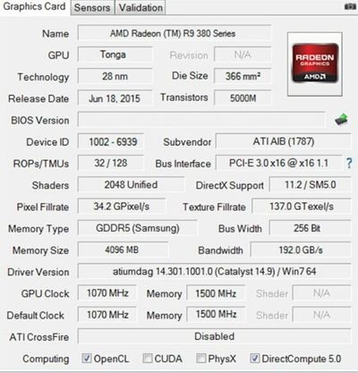 Media asset in full size related to 3dfxzone.it news item entitled as follows: Testata la video card Radeon R9 380X con il benchmark 3DMark 11 Extreme | Image Name: news23260_Radeon-R9-380X-leak_2.jpg