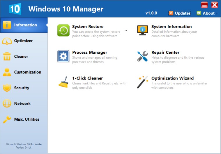 Immagine pubblicata in relazione al seguente contenuto: Windows Tweaking & Tuning Utilities: Windows 10 Manager 1.0.4 | Nome immagine: news23270_Windows-10-Manager-Screenshot_1.jpg