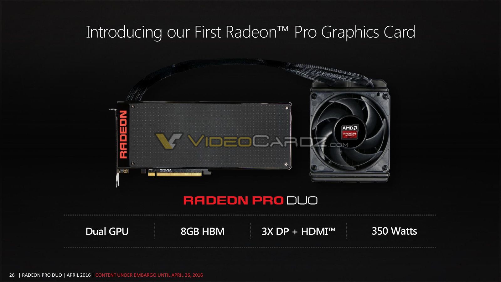 Media asset in full size related to 3dfxzone.it news item entitled as follows: Le slide leaked della presentazione ufficiale della dual-gpu Radeon Duo Pro | Image Name: news24168_AMD-Radeon-Pro-Duo-Slide_2.jpg