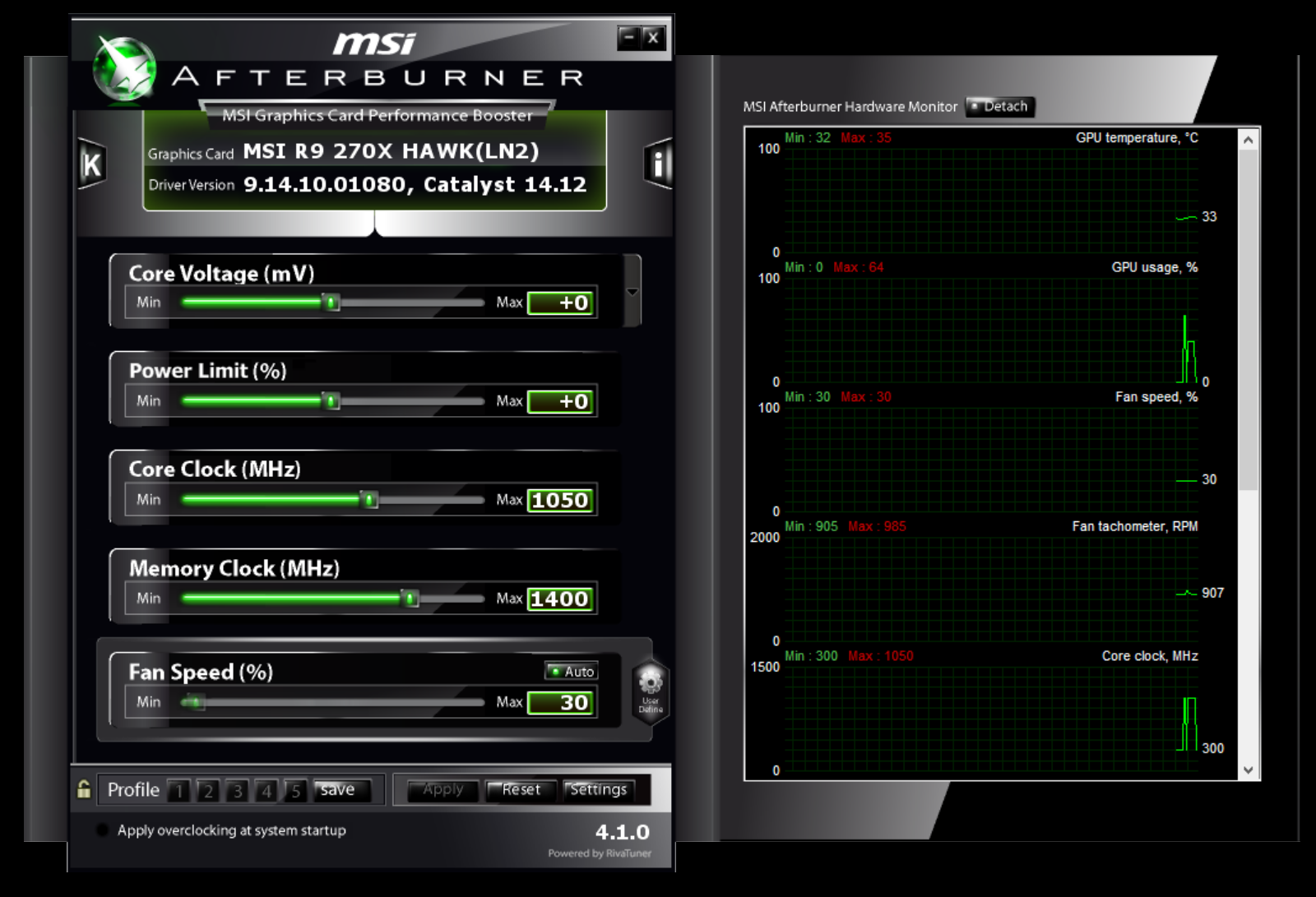 Media asset in full size related to 3dfxzone.it news item entitled as follows: Video Card Overclocking & Monitoring: MSI Afterburner 4.3.0 beta 3 | Image Name: news24329_msi-afterburner-interface_1.png