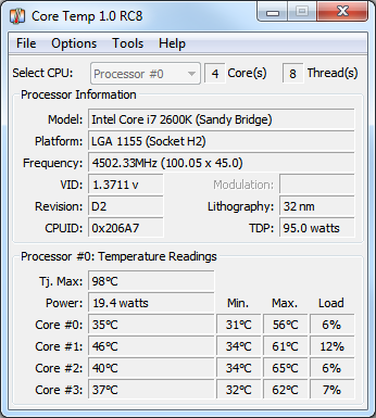 Immagine pubblicata in relazione al seguente contenuto: Core Temp 1.0 RC9 supporta le CPU Haswell-EP e le nuove APU di AMD | Nome immagine: news24378_Core-Temp-Screenshot_1.png