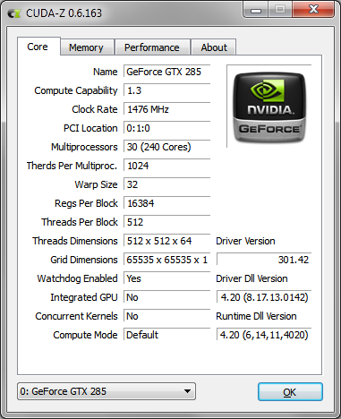 Immagine pubblicata in relazione al seguente contenuto: NVIDIA GPU Information & System Utilities: CUDA-Z 0.10.251 | Nome immagine: news24425_CUDA-Z-Screenshot_1.png