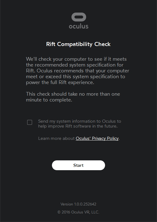 Immagine pubblicata in relazione al seguente contenuto: Mettere alla prova il PC con Oculus Rift Compatibility Tool 1.0.0.252642 | Nome immagine: news24646_Oculus-Rift-Compatibility-Tool-Screenshot_1.jpg