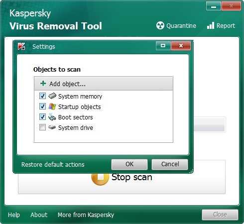 Media asset in full size related to 3dfxzone.it news item entitled as follows: Portable AntiVirus Tools: Kaspersky Virus Removal Tool 15.0.19.0 (2016.02.10) | Image Name: news25015_Kaspersky-Virus-Removal-Tool-Screenshot_2.jpg