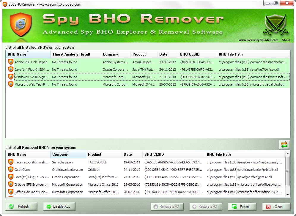 Immagine pubblicata in relazione al seguente contenuto: SpyBHORemover 7.0 protegge il browser dai BHO dannosi e supporta Windows 10 | Nome immagine: news25330_SpyBHORemover-Screenshot_1.jpg