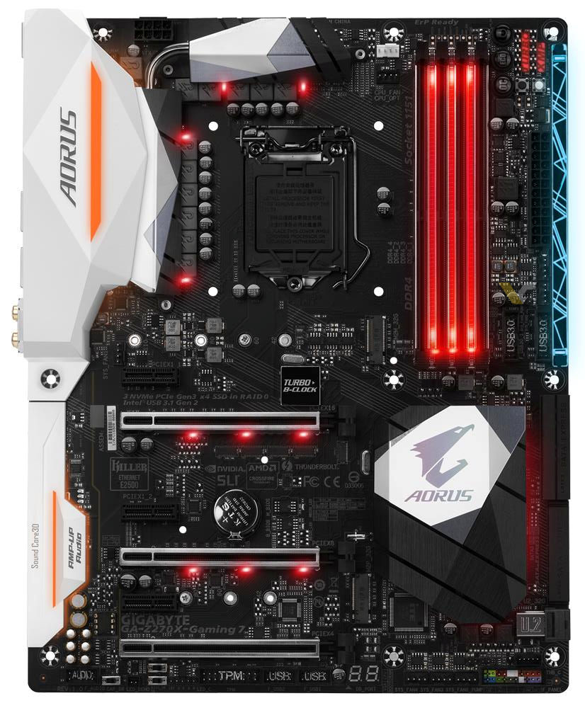 Immagine pubblicata in relazione al seguente contenuto: Prime foto della motherboard gaming-oriented Aorus Z270X-Gaming 7 di GIGABYTE | Nome immagine: news25402_GIGABYTE-Aorus-Z270X-Gaming-7_1.jpg