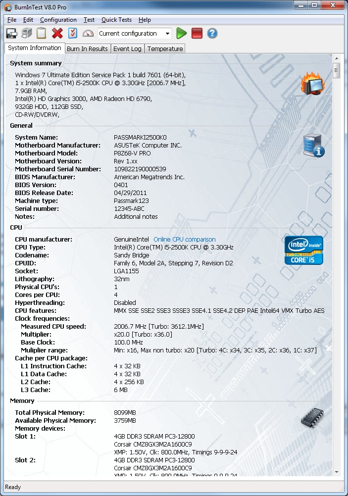 Immagine pubblicata in relazione al seguente contenuto: Hardware Testing & Benchmark: Passmark BurnInTest Professional 8.1 build 1022 | Nome immagine: news26121_Passmark-BurnInTest-Screenshot_1.jpg