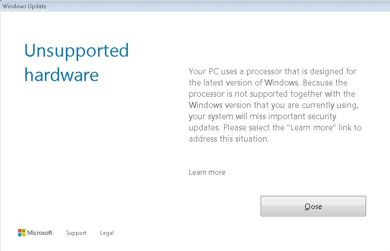 Immagine pubblicata in relazione al seguente contenuto: I security update sono off limits per le CPU Ryzen o Kaby Lake su Windows 7/8.1 | Nome immagine: news26160_Microsoft-Windows-7-8-Ryzen-Kaby-Lake-Security_Update-Alert_1.png