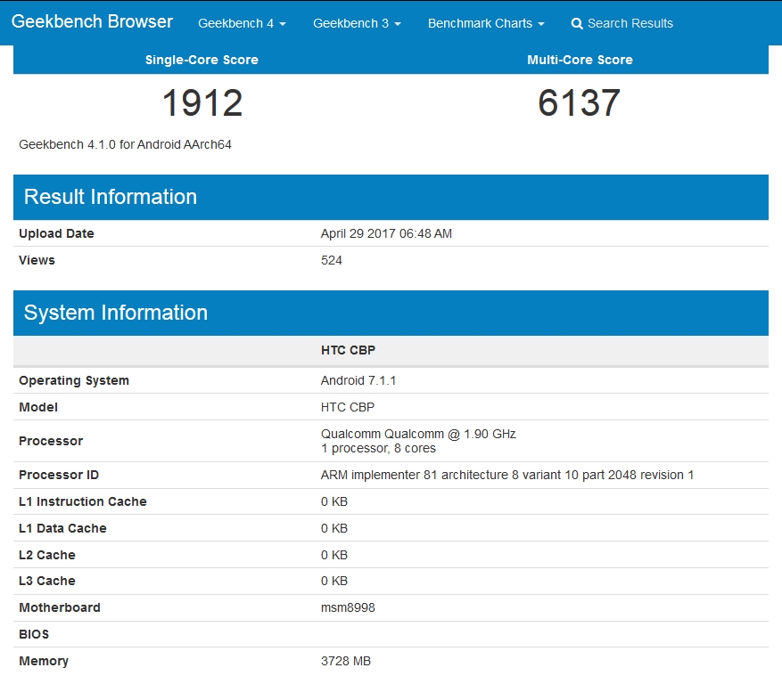 Immagine pubblicata in relazione al seguente contenuto: Lo smartphone HTC U 11 con Snapdragon 835 testato con GeekBench | Nome immagine: news26255_HTC-U-11-GeekBench_1.jpg