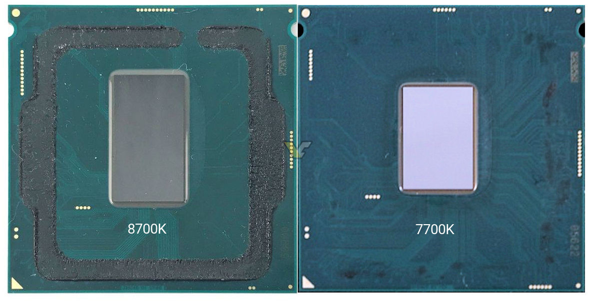 Immagine pubblicata in relazione al seguente contenuto: Foto del processore six-core Intel Core i7-8700K senza il dissipatore integrato | Nome immagine: news27149_Intel-Core-i7-8700K-De-lidded_1.jpg