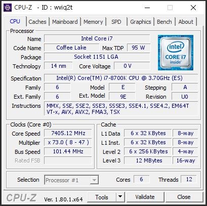 Immagine pubblicata in relazione al seguente contenuto: Overclocking: una CPU Intel Core i7-8700K spinta fino a 7.4GHz con azoto liquido | Nome immagine: news27164_Intel-Core-i7-8700K-CPU-Z-Overclocking_1.jpg