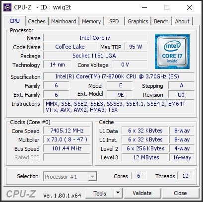 Immagine pubblicata in relazione al seguente contenuto: Overclocking: una CPU Intel Core i7-8700K spinta fino a 7.4GHz con azoto liquido | Nome immagine: news27164_Intel-Core-i7-8700K-CPU-Z-Overclocking_1.jpg
