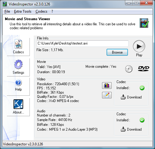 Media asset in full size related to 3dfxzone.it news item entitled as follows: Windows Audio & Video Information Utilities: VideoInspector 2.13.0.142 | Image Name: news27808_VideoInspector-Screenshot_1.png