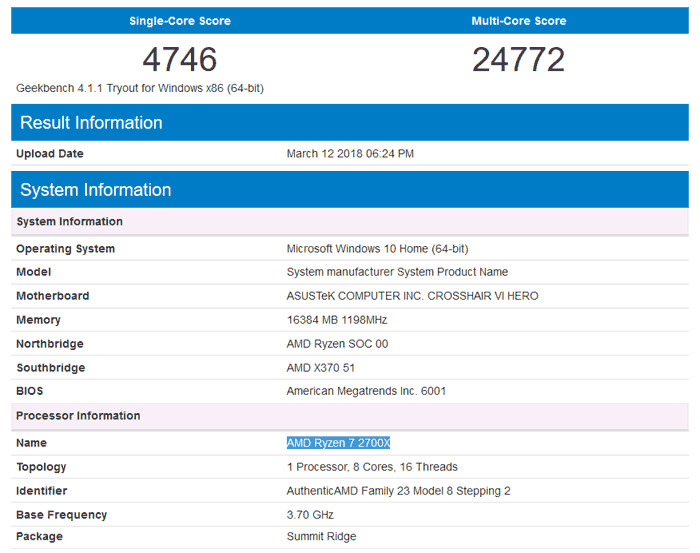 Media asset in full size related to 3dfxzone.it news item entitled as follows: Il processore AMD Ryzen 7 2700X gi testato con il benchmark Geekbench | Image Name: news28012_AMD-Ryzen-7-2700X-Geekbench_1.jpg