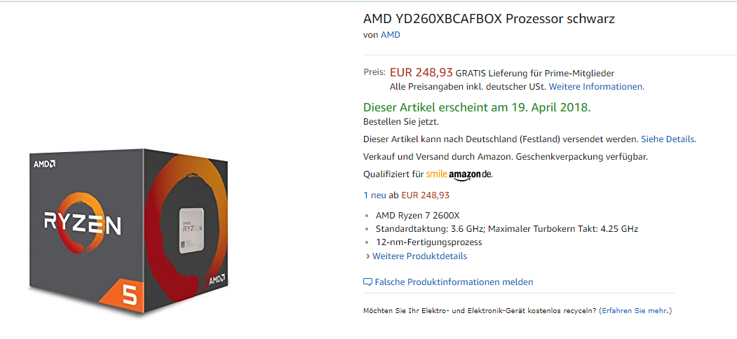 Immagine pubblicata in relazione al seguente contenuto: Amazon rivela frequenze, data di lancio e prezzo della CPU AMD Ryzen 5 2600X | Nome immagine: news28016_Ryzen-5-2600X_1.png