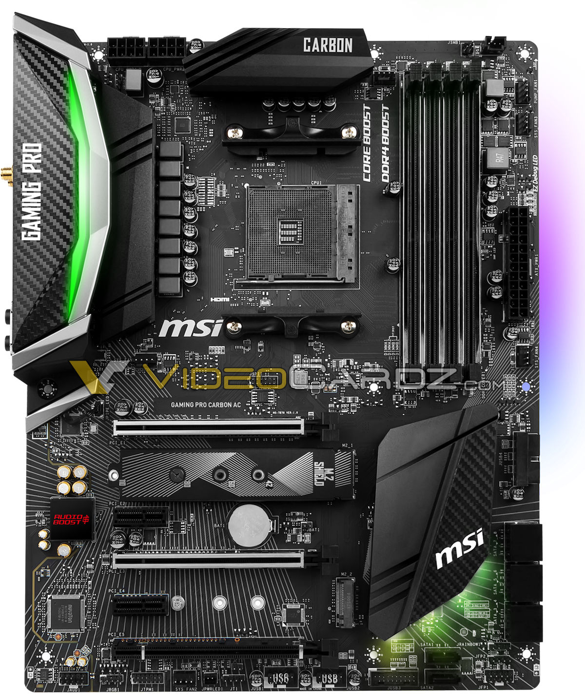 Immagine pubblicata in relazione al seguente contenuto: Foto della motherboard MSI X470 Gaming Pro Carbon AC per CPU Ryzen 2000 | Nome immagine: news28089_MSI-X470-Gaming-Pro-Carbon-AC_2.jpg