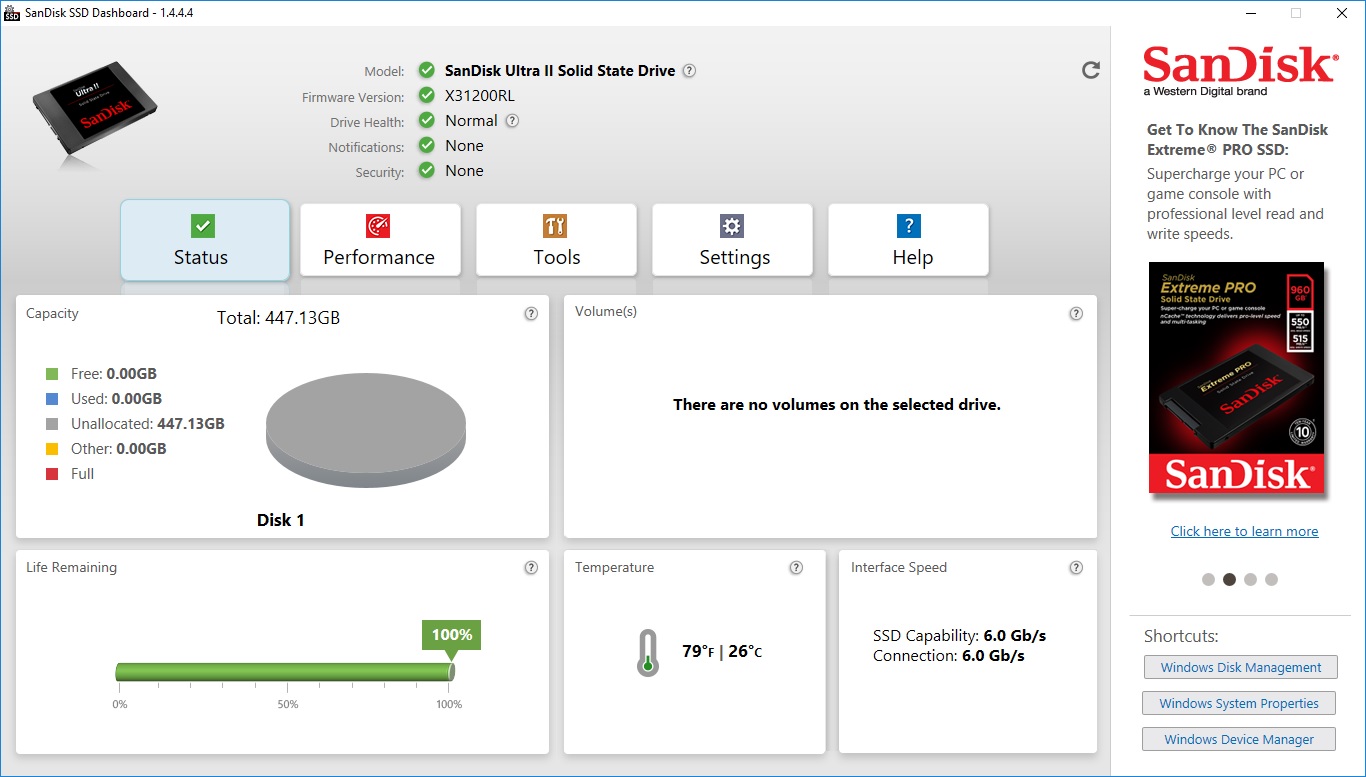 Risorsa grafica - foto, screenshot o immagine in genere - relativa ai contenuti pubblicati da amdzone.it | Nome immagine: news28309_SanDisk-SSD-Dashboard-Screenshot_1.jpg