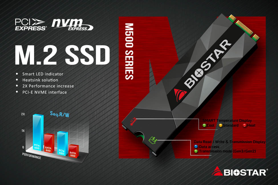 Media asset in full size related to 3dfxzone.it news item entitled as follows: BIOSTAR annuncia la linea di drive a stato solido (SSD) NVMe M.2 M500 | Image Name: news28378_BIOSTAR-SSD-NVMe-M500_1.jpg