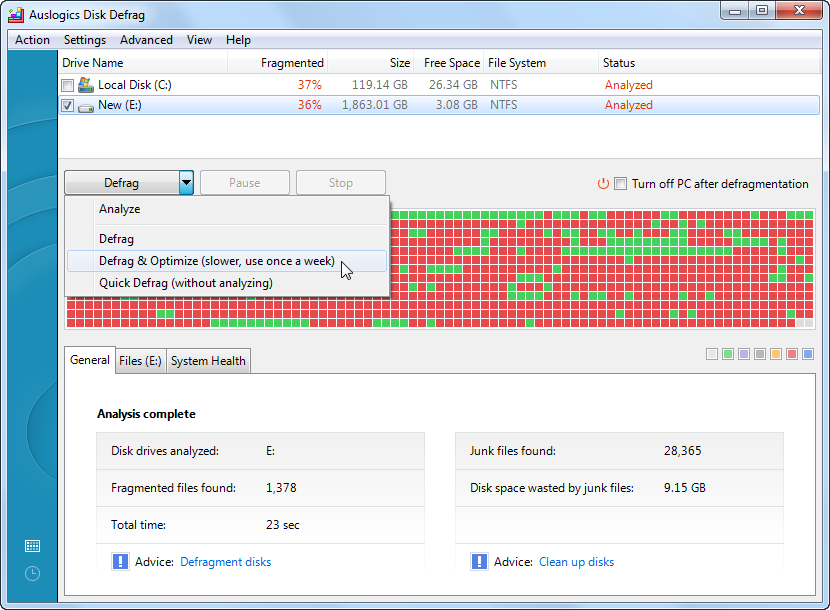 Immagine pubblicata in relazione al seguente contenuto: HDD Tweaking & Tuning Utilities: Auslogics Disk Defrag Free Portable 8.0.14.0 | Nome immagine: news28581_Auslogics-Disk-Defrag-Screenshot_1.png