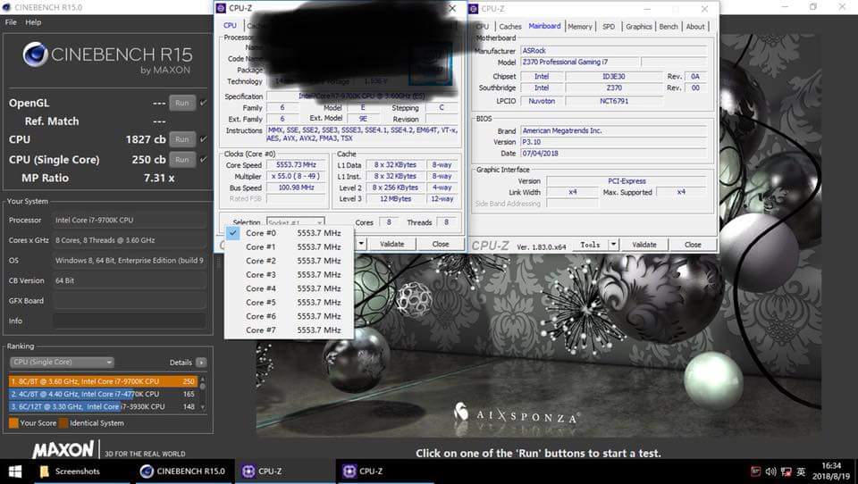 Media asset in full size related to 3dfxzone.it news item entitled as follows: Una CPU Intel Core i7-9700K spinta fino a 5.5GHz e testata con Cinebench R15 | Image Name: news28637_Intel-Core-i7-9700K-Cinebench-R15_2.jpg
