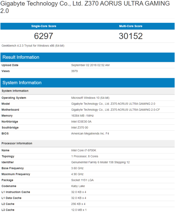 Media asset in full size related to 3dfxzone.it news item entitled as follows: Le CPU Intel Core i9-9900K, Core i7-9700K e Core i5-9600K testate con Geekbench | Image Name: news28693_Geekbench_2.png