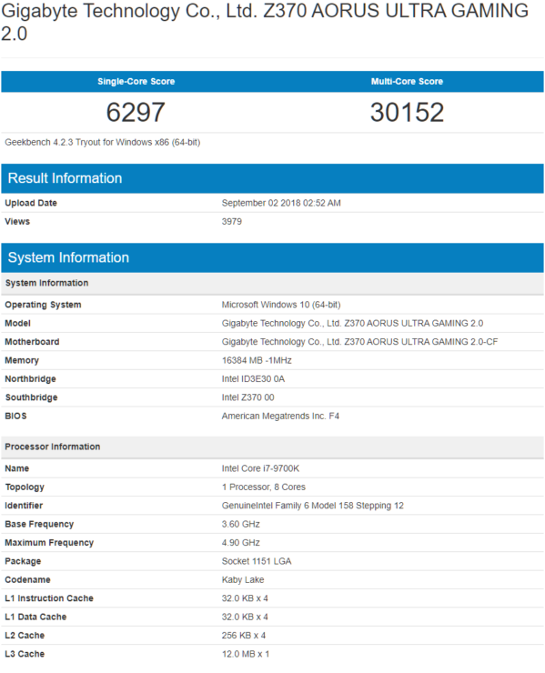 Immagine pubblicata in relazione al seguente contenuto: Le CPU Intel Core i9-9900K, Core i7-9700K e Core i5-9600K testate con Geekbench | Nome immagine: news28693_Geekbench_2.png