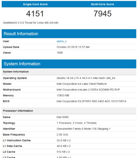 Immagine pubblicata in relazione al seguente contenuto: I processori Intel Ice Lake hanno memoria cache pi grande dei Coffee Lake | Nome immagine: news28880_Geekbench-Ice-lake_1.jpg