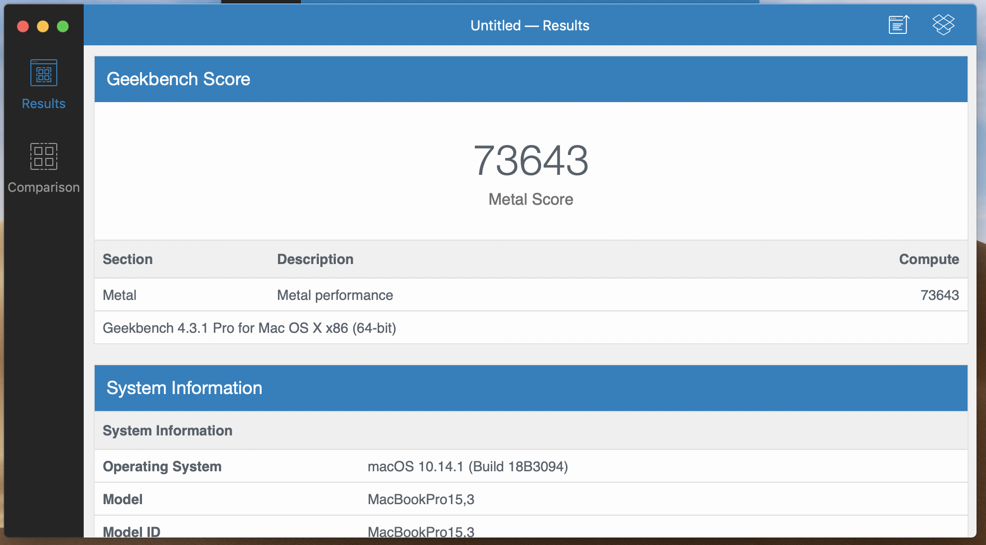 Media asset in full size related to 3dfxzone.it news item entitled as follows: Testato con Geekbench il MacBook Pro da 15-inch con GPU AMD Radeon Pro Vega 20 | Image Name: news28995_Apple-MacBook-Pro-Geekbench_4.png