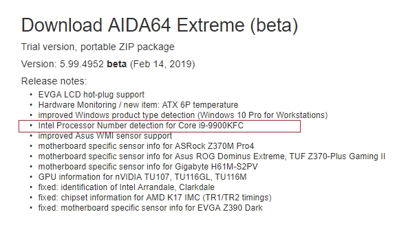 Immagine pubblicata in relazione al seguente contenuto: Le release note di AIDA64 Extreme svelano la CPU Core i9 9900KFC di Intel | Nome immagine: news29259_Intel-Core-i9-9900KFC_2.jpg