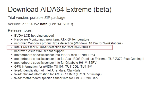 Media asset in full size related to 3dfxzone.it news item entitled as follows: Le release note di AIDA64 Extreme svelano la CPU Core i9 9900KFC di Intel | Image Name: news29259_Intel-Core-i9-9900KFC_2.jpg