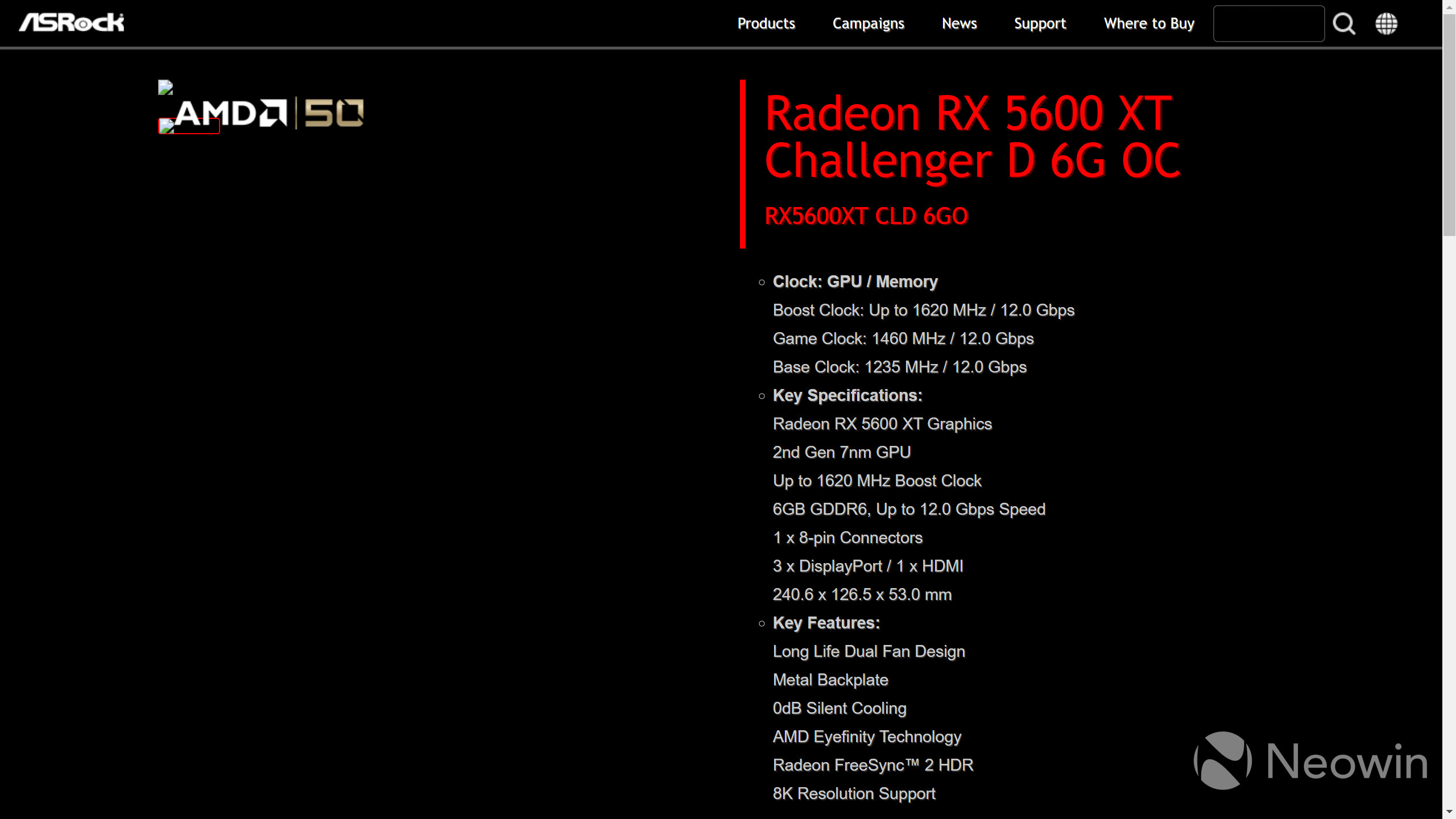 Media asset in full size related to 3dfxzone.it news item entitled as follows: ASRock rivela per errore le specifiche della video card Radeon RX 5600 XT | Image Name: news30303_ASRock-Radeon-RX-5600-XT-Challenger-D-6G-OC_1.jpg