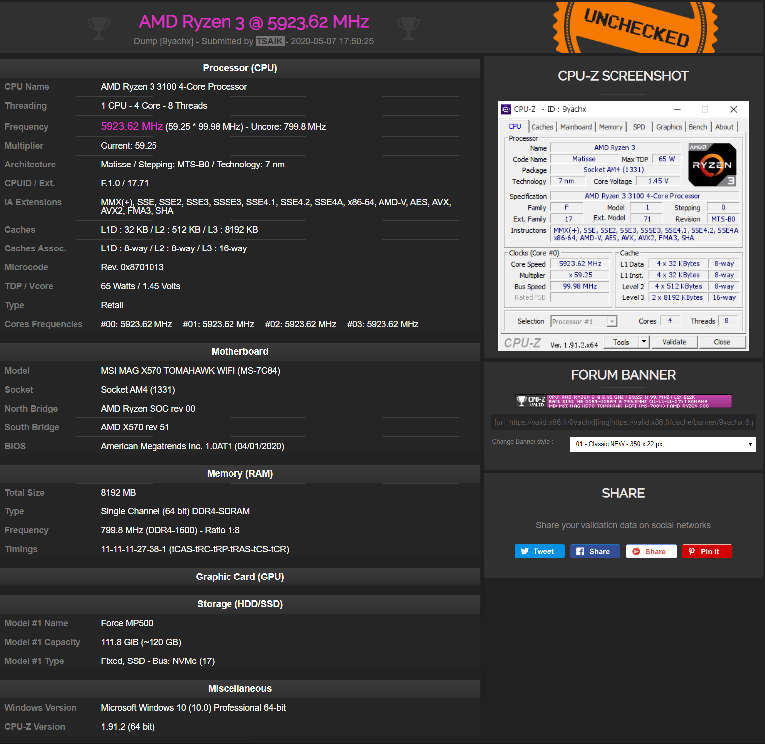 Immagine pubblicata in relazione al seguente contenuto: Overclock: il processore Ryzen 3 3100 spinto fino a 5923.62MHz con azoto liquido | Nome immagine: news30731_Ryzen-3-3100_2.png