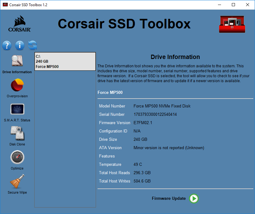 Immagine pubblicata in relazione al seguente contenuto: SSD Monitoring & Updating & Tuning: Corsair SSD Toolbox 1.2.5.7 | Nome immagine: news30769_Corsair-SSD-Toolbox-Screenshot_1.png