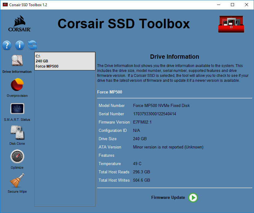 Risorsa grafica - foto, screenshot o immagine in genere - relativa ai contenuti pubblicati da amdzone.it | Nome immagine: news30769_Corsair-SSD-Toolbox-Screenshot_1.png