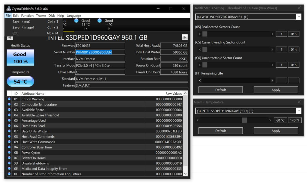 Media asset in full size related to 3dfxzone.it news item entitled as follows: HDD & SSD Monitoring Utilities: CrystalDiskInfo 8.6.0 - Windows 10 Dark Mode | Image Name: news30835_CrystalDiskInfo-Screenshot_1.jpg