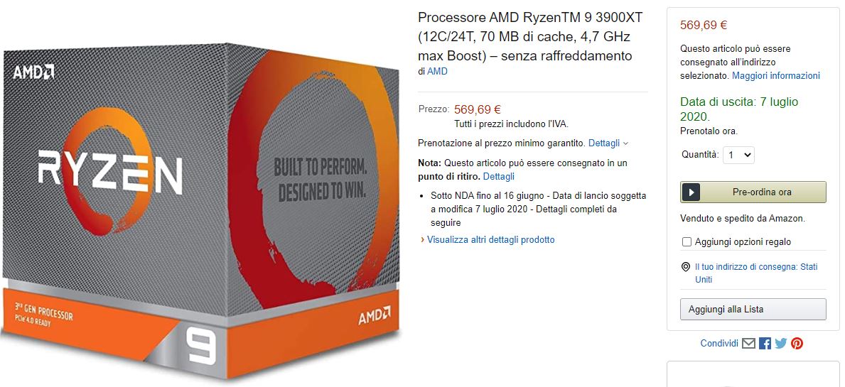 Media asset in full size related to 3dfxzone.it news item entitled as follows: Amazon rivela la data di lancio dei processori Ryzen 9 3900XT e Ryzen 5 3600XT | Image Name: news30838_AMD-Matisse-Refresh-Amazon_1.jpg