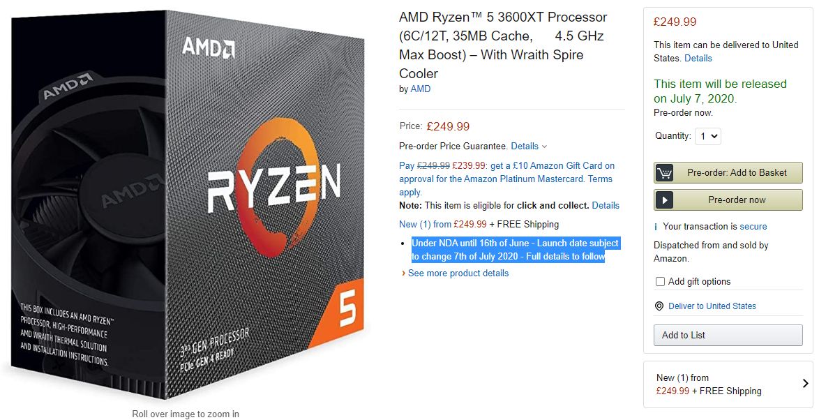 Immagine pubblicata in relazione al seguente contenuto: Amazon rivela la data di lancio dei processori Ryzen 9 3900XT e Ryzen 5 3600XT | Nome immagine: news30838_AMD-Matisse-Refresh-Amazon_2.jpg
