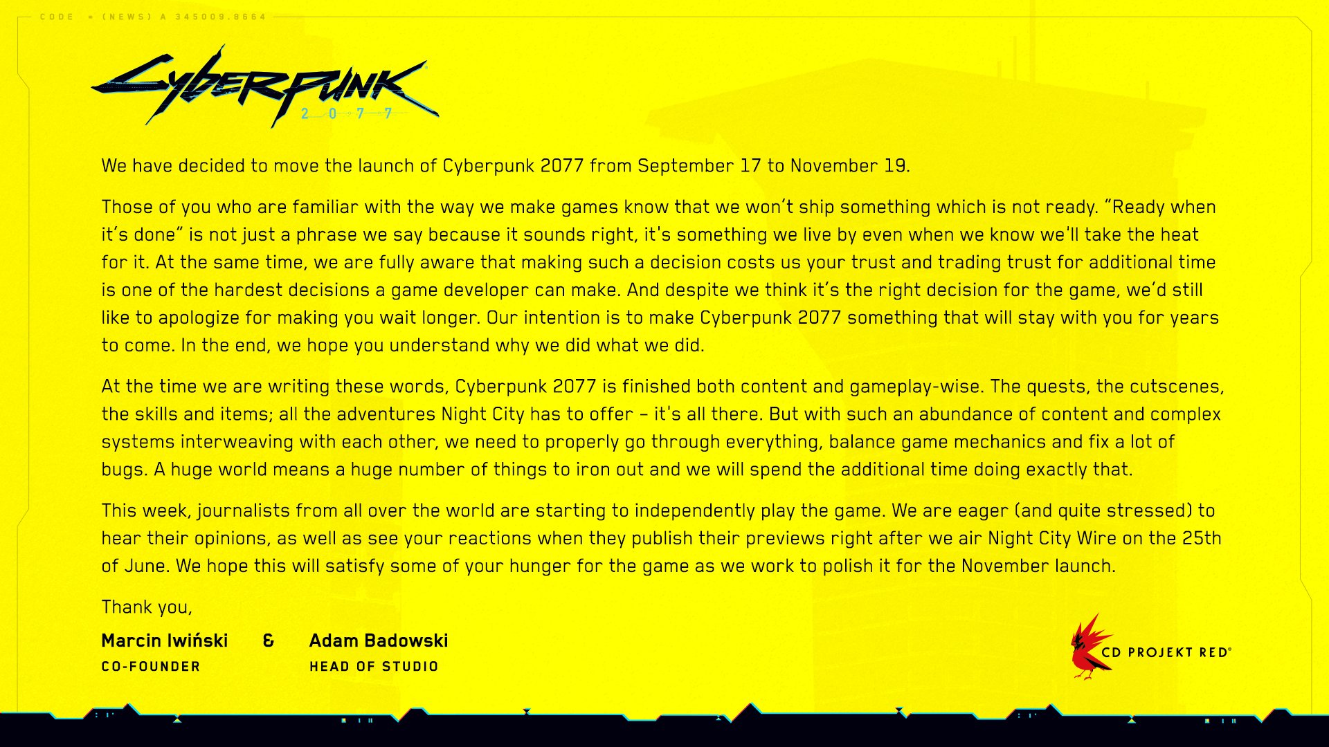 Media asset in full size related to 3dfxzone.it news item entitled as follows: Slitta ancora il rilascio di Cyberpunk 2077 ma per CD Projekt RED  tutto ok | Image Name: news30857_Cyberpunk-2077_1.jpg