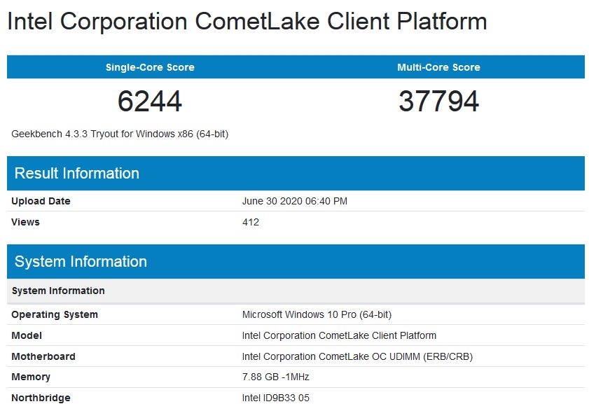 Media asset in full size related to 3dfxzone.it news item entitled as follows: Il processore Intel Comet Lake-S Core i9-10850K testato con Geekbench | Image Name: news30898_Geekbench-Intel-Core-i9-10850K_1.jpg