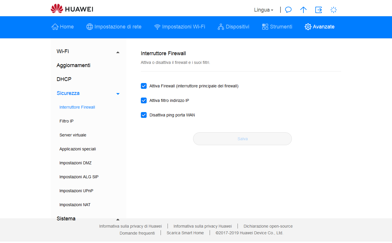 Media asset in full size related to 3dfxzone.it news item entitled as follows: Router 4G Huawei Mobile WiFi (E5576-320) - Interfaccia di amministrazione | Image Name: news30980_Huawei_5576-320_Admin_Interface_Web_GUI_Advanced_Settings_Security.png